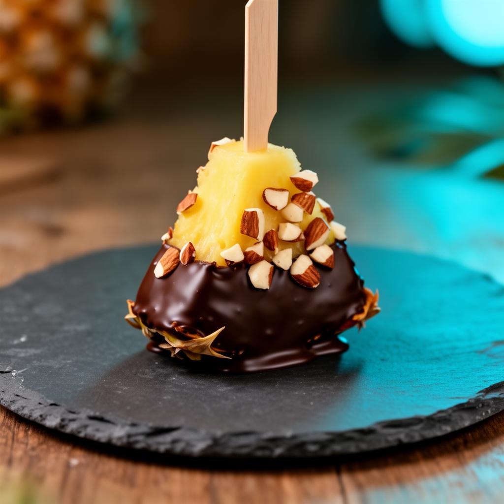 Ananas-Spieß halb in dunkler Schokolade getaucht, mit gehackten Mandeln