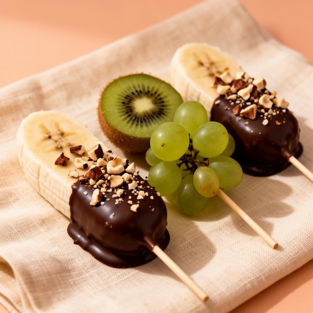 Schoko-Spieße mit Banane, Trauben und Kiwi auf warmem Leinen